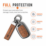 Metal Leather Key Cover For Hyundai Creta | Hyundai Key Case| Hyundai 3 button Flip key cover Brown