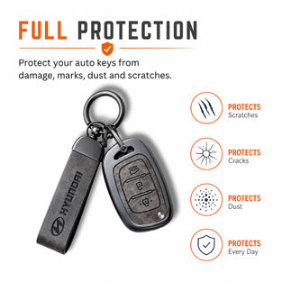 Metal Leather Key Cover For Hyundai i20 | Hyundai Key Case | Hyundai 3 Button Flip Key Cover Grey