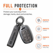 Metal Leather Key Cover For Hyundai Venue | Hyundai Key Case | Hyundai 3 Button Flip Key Cover Grey