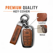 Metal Leather Key Cover For Toyota Innova Crysta | Innova Crysta Car Key Cover | Innova 3 Button M1 Push Start Smart Key Cover Brown