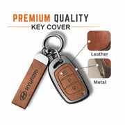 Metal Leather Key Cover For Hyundai Creta | Hyundai Key Case| Hyundai 3 button Flip key cover Brown