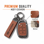 Metal Leather Key Cover For Hyundai Creta | Hyundai Creta Key Cover | Hyundai Creta 3 button smart key cover Brown