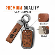 Metal Leather Key Cover For TATA EV | TATA EV Key Cover | TATA EV 4 Button Smart Key Cover Brown