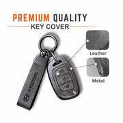 Metal Leather Key Cover For Hyundai Venue | Hyundai Key Case | Hyundai 3 Button Flip Key Cover Grey