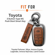 Metal Leather Key Cover For Toyota Innova Crysta | Innova Crysta Car Key Cover | Innova 3 Button M1 Push Start Smart Key Cover Brown
