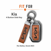 Metal Leather Key Cover For Kia Sonet | Kia Sonet Key Cover | Kia Sonet 4 Button Key Cover Brown