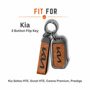 Metal Leather Key Cover For Kia Prestige | Kia Prestige Key Cover | Kia Prestige 3 Button Flip Key Cover Brown