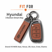 Metal Leather Key Cover For Hyundai Creta | Hyundai Creta Key Cover | Hyundai Creta 3 button smart key cover Brown