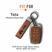 Metal Leather Key Cover For TATA EV | TATA EV Key Cover | TATA EV 4 Button Smart Key Cover Brown