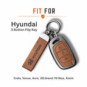 Metal Leather Key Cover For Hyundai Creta | Hyundai Key Case| Hyundai 3 button Flip key cover Brown