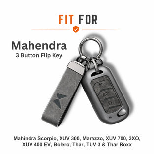 Grey Color Metal Leather Key Cover For Mahindra Scorpio Classic | Metal Leather Key Cover For Mahindra Scorpio Classic | 3 Button Flip Key Cover