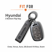 Metal Leather Key Cover For Hyundai Creta | Hyundai Key Case| Hyundai 3 button Flip key cover Grey