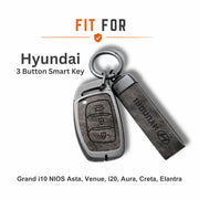 Metal Leather Key Cover For Hyundai Aura | Hyundai Aura Key Cover | Hyundai Aura 3 button smart key cover Grey