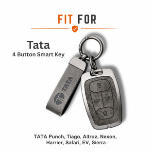 Metal Leather Key Cover For TATA EV | TATA EV Key Cover | TATA EV 4 Button Smart Key Cover Grey