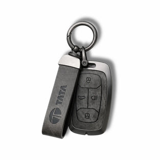 Metal Leather Key Cover For TATA EV | TATA EV Key Cover | TATA EV 4 Button Smart Key Cover Grey