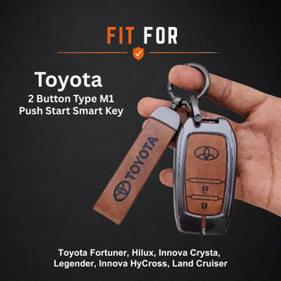 Metal Leather Key Cover For Toyota Fortuner, Hilux, Innova Crysta, Legender, Innova HyCross, Land Cruiser | Toyota Key Case | Toyota 2 Button M1 Push Start Smart Key Cover