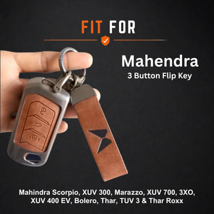 Metal Leather Key Cover For Mahindra Thar Roxx | Mahindra Thar Roxx Key Cover | 3 Button Flip Key Cover