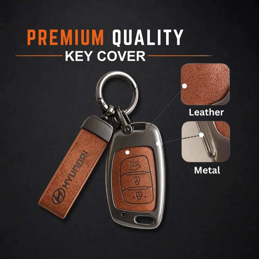 Metal Leather Key Cover For Hyundai Creta, Venue, Aura, i20,Grand i10 Nios, Xcent | Hyundai Key Case | Hyundai 3 Button Flip Key Cover