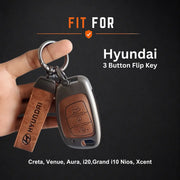 Metal Leather Key Cover For Hyundai Creta, Venue, Aura, i20,Grand i10 Nios, Xcent | Hyundai Key Case | Hyundai 3 Button Flip Key Cover