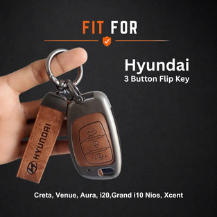 Metal Leather Key Cover For Hyundai Aura | Hyundai Key Case | Hyundai 3 Button Flip Key Cover