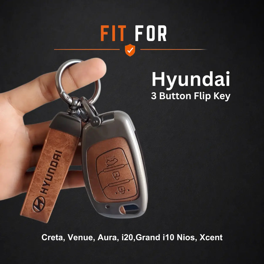 Metal Leather Key Cover For Hyundai Creta, Venue, Aura, i20,Grand i10 Nios, Xcent | Hyundai Key Case | Hyundai 3 Button Flip Key Cover