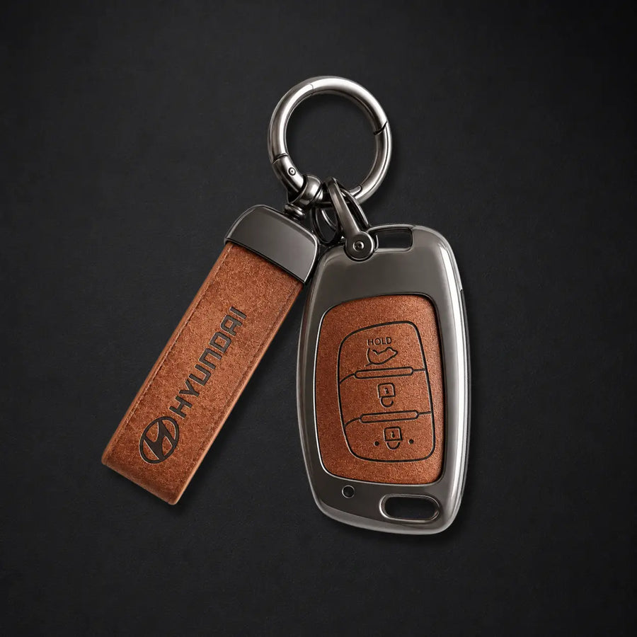 Metal Leather Key Cover For Hyundai Creta, Venue, Aura, i20,Grand i10 Nios, Xcent | Hyundai Key Case | Hyundai 3 Button Flip Key Cover